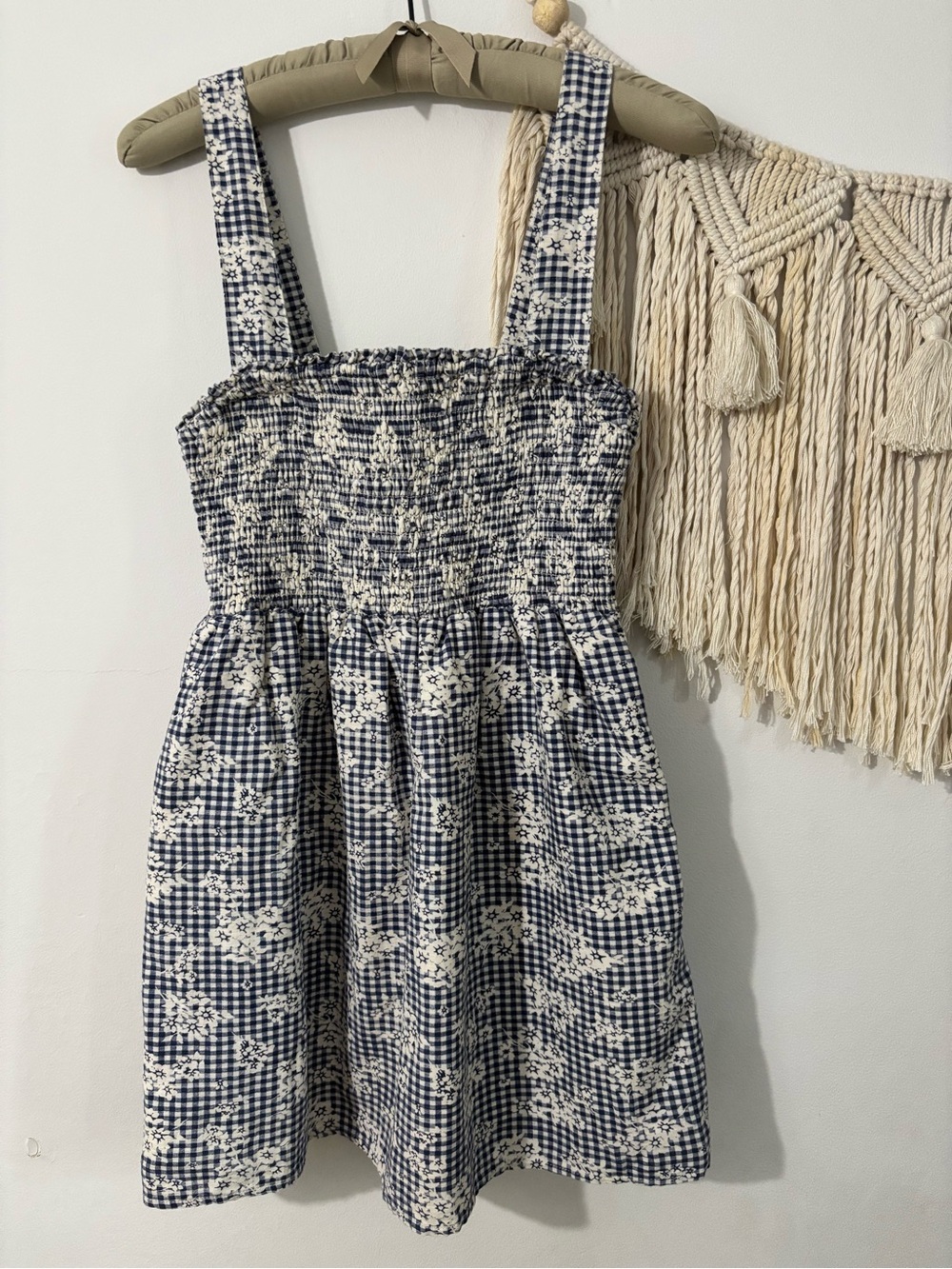 American Eagle Outfitters Navy and White Gingham Smocked Dress with Pockets
